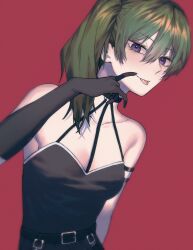 Rule 34 | 1girl, absurdres, armlet, armpits, bare shoulders, black choker, black dress, black gloves, breasts, choker, closed mouth, collarbone, dress, elbow gloves, gloves, green hair, hair between eyes, hand on own face, hand up, highres, index finger raised, jewelry, long hair, looking at viewer, purple eyes, red background, side ponytail, simple background, single glove, sleeveless, sleeveless dress, small breasts, solo, sousou no frieren, tongue, tongue out, tyrezal, ubel (sousou no frieren)