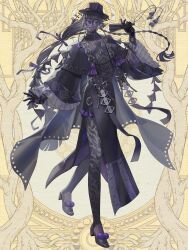 1boy :d bead_necklace beads bell_sleeves black_cape black_gloves black_hair black_hat black_pantyhose black_robe black_shoes black_skin blunt_bangs blunt_ends braid cape changpao chinese_clothes closed_eyes colored_skin dairoku_ryouhei eye_in_palm eye_print eye_symbol eyewear_strap facing_viewer fedora folded_fan folding_fan full_body gloves hair_ribbon hand_fan hand_up hat highres holding holding_fan jewelry long_hair long_sleeves low-tied_long_hair lower_teeth_only male_focus multi-tied_hair necklace onyx_valentine open_mouth pantyhose pom_pom_(clothes) pom_pom_footwear print_gloves purple-tinted_eyewear purple_ribbon ribbon robe round_eyewear shoes side_braid side_slit smile solo standing tassel teeth tinted_eyewear very_amai very_long_hair yaopei yellow_background