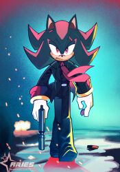 1boy animal_ears animal_nose aqua_background artist_name black_fur black_jacket black_pants black_shoes black_suit collared_shirt cosplay embers english_text explosion formal_clothes frown gloves gun half-closed_eyes hedgehog_boy highres holding holding_gun holding_weapon jacket jewelry john_wick john_wick_(character) john_wick_(character)_(cosplay) k0smic_aries moccasins multicolored_hair multiple_rings necktie pants puddle red_eyes red_fur red_necktie ring scar scar_across_eye scar_on_face serious shadow_the_hedgehog shirt shoes solo sonic_(live_action) sonic_(series) sonic_the_hedgehog_3_(film) streaked_hair suit suit_jacket suppressor voice_actor_connection walking weapon white_gloves wind