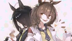 Rule 34 | 2girls, absurdres, agnes tachyon (umamusume), ahoge, animal ears, black choker, black coat, black gloves, black hair, black necktie, black shirt, brown hair, chemical structure, choker, coat, collared shirt, cup, ear ornament, ear tag, earrings, emphasis lines, gloves, hair over one eye, heart, highres, holding, holding cup, holding test tube, horse ears, horse girl, jewelry, lab coat, liquid, long hair, long sleeves, looking at another, manhattan cafe (umamusume), mug, multicolored hair, multiple girls, necktie, parted lips, pen, red eyes, shirt, short necktie, single earring, sleeplessrhythm, sleeves past fingers, sleeves past wrists, smile, steam, sweater, test tube, umamusume, white hair, white shirt, yellow eyes, yellow sweater
