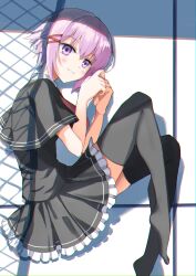 1girl black_capelet black_shirt black_skirt black_thighhighs blush boukensha_c capelet chromatic_aberration commentary_request feet frilled_skirt frills full_body hair_between_eyes hair_ornament hairclip highres knees_up legs looking_at_viewer lying necktie no_shoes on_side otonashi_ayana own_hands_together parted_lips pleated_skirt purple_eyes purple_hair red_necktie school_uniform shirt short_hair sidelocks skirt smile smirk solo thighhighs tsui_no_sora tsui_no_sora_(remake) zettai_ryouiki