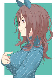1girl animal_ears blue_shirt breasts brown_hair ear_covers horse_ears horse_girl kiabook king_halo_(umamusume) long_sleeves medium_hair profile puffy_long_sleeves puffy_sleeves red_eyes shirt smile solo striped_clothes umamusume upper_body