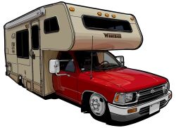 highres kaizou-sha_no_illust_bot motor_vehicle motorhome no_humans original pickup_truck radio_antenna recreational_vehicle simple_background solo toyota toyota_hilux truck vehicle_focus white_background