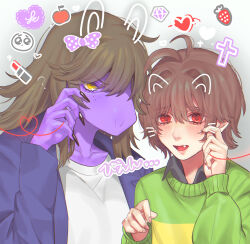 1girl 1other ? aegyo_sal black_nails black_shirt blush bow coat collared_shirt colored_skin commentary_request cosmetics deltarune drawn_bow drawn_ears drawn_heart drawn_whiskers fang fingernails food freckles fruit furry furry_female green_sweater hair_between_eyes hair_intakes hand_on_own_cheek hand_on_own_face hand_up hands_up heart heart_of_string highres holding holding_string kris_(deltarune) lapels lips lipstick_tube long_sleeves looking_at_viewer nail_polish open_clothes open_coat open_mouth polka_dot polka_dot_bow puffy_long_sleeves puffy_sleeves purple_bow purple_coat purple_skin red_eyes reptile_girl se_(hanahide) sharp_fingernails shirt short_hair simple_background strawberry string susie_(deltarune) sweater swept_bangs tongue two-tone_sweater upper_body v-shaped_eyebrows white_background white_shirt yellow_eyes yellow_sweater