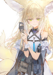 Rule 34 | 1girl, absurdres, aged up, animal ear fluff, animal ears, arknights, bare shoulders, black gloves, blonde hair, closed mouth, commentary, fox ears, fox girl, fox tail, gloves, green eyes, hair between eyes, hair down, highres, ichika (ichika87), infection monitor (arknights), kitsune, kyuubi, long hair, material growth, multiple tails, oripathy lesion (arknights), scrunchie, single glove, smile, solo, suzuran (arknights), tail, white background, white scrunchie, wrist scrunchie
