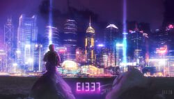Rule 34 | 1other, artist name, backpack, bag, building, city lights, cityscape, combat helmet, dkaism, from behind, gun, helmet, highres, lens flare, neon lights, night, on rock, original, rifle, rock, scenery, sitting, skyscraper, solo, watermark, weapon, wide shot