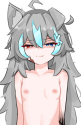 Rule 34 | 1girl, animal ears, aqua hair, blue eyes, breasts, closed mouth, fang, fang out, grey hair, heterochromia, highres, long hair, looking at viewer, multicolored hair, nude, original, red eyes, sari (zakura27502762), scar, scar on face, scowl, simple background, single ear down, small breasts, two-tone hair, upper body, white background, wolf ears, wolf girl