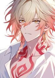 1boy blonde_hair braid chest_tattoo collared_shirt earrings facial_tattoo gold_earrings gradient_hair hair_between_eyes hashtag-only_commentary highres honkai:_star_rail honkai_(series) jewelry male_focus medium_hair michowow multicolored_hair mydei_(honkai:_star_rail) parted_lips partially_unbuttoned pectoral_cleavage pectorals red_hair red_tattoo shirt side_braid simple_background solo tattoo upper_body white_background white_shirt yellow_eyes
