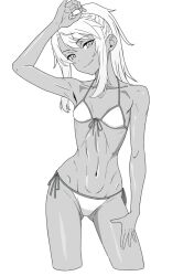 19_chisinlo 1girl arm_up bikini breasts chloe_von_einzbern commentary_request cropped_legs dark-skinned_female dark_skin fate/kaleid_liner_prisma_illya fate_(series) greyscale highres long_hair looking_at_viewer monochrome navel ponytail side-tie_bikini_bottom skinny small_breasts solo swimsuit