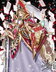 1girl ace_(playing_card) ace_of_spades arcana_triumph_joker armor armored_dress black_background blonde_hair breasts card checkered_clothes club_(shape) dress duel_monster forehead_jewel gem hair_ornament heart heart_hair_ornament helmet highres holding holding_shield mukro0922 pauldrons playing_card playing_card_theme red_helmet shield shoulder_armor signature spade_(shape) spiked_pauldrons sword weapon white_dress yu-gi-oh!