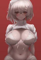 1girl belly bra breasts hair_between_eyes hair_ornament hairclip hat highres jdnyang lace lace-trimmed_panties lace_trim large_breasts looking_at_viewer navel nurse nurse_cap one_side_up open_bra original panties puffy_short_sleeves puffy_sleeves red_background red_eyes short_sleeves shrug_(clothing) simple_background smile solo underwear white_bra white_hair white_hat white_panties white_shrug yami_kawaii