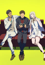 1girl 2boys :d ;d artist_name black_hair blonde_hair book brown_hair brown_ribbon brown_shoes brown_vest cape closed_eyes collared_shirt commentary couch crossed_legs dark-skinned_male dark_skin dress earrings fingernails full_body gigi_andalusia green_background green_eyes green_necktie grey_shirt grin gundam gundam_hathaway&#039;s_flash hand_rest hand_up hathaway_noa highres hip_vent holding holding_book jacket jewelry kenneth_sleg lapels lipstick long_hair long_sleeves makeup multiple_boys neck_ribbon necktie notched_lapels one_eye_closed open_clothes open_jacket open_mouth orange_eyes pants peaked_lapels reading red_lips red_necktie red_sweater_vest ribbon shibuki_kamone shirt shoes short_hair sidelocks signature simple_background sitting sleeveless sleeveless_dress smile sweater_vest tie_clip triangle_earrings vest white_cape white_dress white_jacket white_pants white_shirt wing_collar