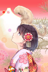 10s 1girl 2016 animal animal_on_head black_hair female_focus floral_print flower hair_flower hair_ornament highres japanese_clothes kimono looking_up monkey new_year ninnzinn obi on_head original pink_eyes profile sash short_hair solo upper_body