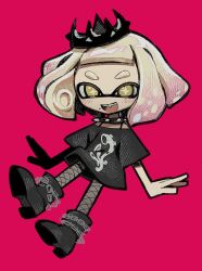 Rule 34 | black crown, black shirt, black shoes, blush, cephalopod eyes, chain, collar, crown, fang, fishnet pantyhose, fishnets, gradient hair, inkling, medium hair, mole, mole under mouth, multicolored hair, official alternate costume, oishi umashi2, pantyhose, pearl (splatoon), pearl (springfest) (splatoon), pink hair, print shirt, red background, shirt, shoes, short sleeves, simple background, smile, spiked collar, spikes, star-shaped pupils, star (symbol), suction cups, symbol-shaped pupils, tentacle hair, two-tone hair, yellow pupils