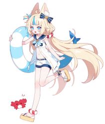 1girl animal_ear_fluff animal_ears blonde_hair blue_eyes blue_hair cat_ears commentary cyano dress fins fish_girl fish_tail highres indie_virtual_youtuber innertube lifebuoy_hair_ornament long_hair low_twintails multicolored_hair platform_sandals sailor_collar sameko_saba sandals short_shorts shorts solo streaked_hair swim_ring symbol-only_commentary tail toes twintails very_long_hair virtual_youtuber white_background white_dress white_shorts