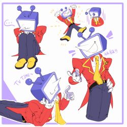 ... 1boy ant_tenna blush_stickers commentary crt deltarune english_commentary gloves grey_pants hand_on_own_hip hands_on_own_knees highres lying male_focus minteutokki1 multiple_views necktie object_head on_stomach pants pointy_nose shoes sitting smile spoken_ellipsis tailcoat white_gloves yellow_necktie yellow_shoes