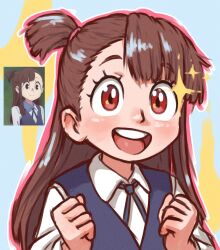 Rule 34 | 1girl, beachepisode, blush, brown hair, highres, kagari atsuko, little witch academia, long hair, long sleeves, looking at viewer, luna nova school uniform, open mouth, red eyes, reference inset, school uniform, smile, solo, teeth, upper teeth only