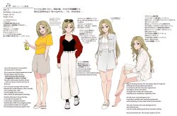 Rule 34 | :d, alternate hairstyle, bare legs, barefoot, beifeng han, bilingual text, black camisole, blonde hair, blue eyes, breasts, camisole, can, character age, character name, character profile, cleavage, collarbone, commentary, cropped jacket, dress shirt, drink, drink can, earrings, english text, eve han, eyewear on head, full body, hand in pocket, hand on own hip, height, highres, holding, holding drink, holding notebook, jacket, jewelry, long hair, long sleeves, looking at viewer, medium breasts, mixed-language text, notebook, open-toe shoes, open mouth, original, pants, red jacket, reference sheet, sandals, shirt, shirt tucked in, shoes, short hair, short sleeves, shorts, simple background, sitting, skirt, smile, sunglasses, teeth, toes, upper teeth only, weight, white background, white pants, white shirt, white shoes, white skirt, yellow shirt