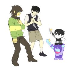 2boys 2others :| black_hair black_shoes black_sweater_vest brown_hair brown_pants brown_shorts closed_mouth crossover deltarune dual_persona full_body hero_sword_(deltarune) highres holding holding_knife human_tower knife kris_(deltarune) mini_person miniboy multiple_boys multiple_others omori omori_(omori) on_head pants person_on_head scared shaded_face shoes short_hair shorts simple_background socks sparkle stacking standing_on_person sunny_(omori) sweat sweater_vest trait_connection ttudolee white_background white_eyes white_socks