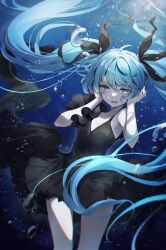 1girl air_bubble bare_arms bare_shoulders black_dress black_ribbon blue_eyes blue_hair breasts bubble cleavage commentary_request covering_own_ears cowboy_shot dress facing_viewer feet_out_of_frame floating_hair hair_ribbon hands_up hatsune_miku highres long_hair looking_down murumuru_(pixiv51689952) open_mouth revision ribbon shinkai_shoujo_(vocaloid) sleeveless sleeveless_dress small_breasts solo submerged tearing_up twintails underwater very_long_hair vocaloid