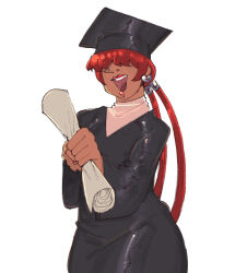 1girl 1shermieaday dark-skinned_female dark_skin earrings female_focus heart jewelry long_hair open_mouth ponytail red_hair shermie_(kof) smile smiley_face standing tan the_king_of_fighters twintails wide_hips
