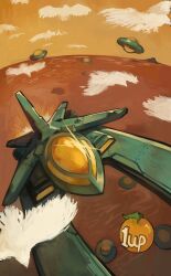 1up absurdres aircraft airplane apple day flying_saucer food fruit glass_cockpit highres horizon kornod no_humans orange_sky sky spacecraft vehicle_focus zeroranger