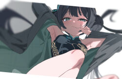 1girl armpits black_hair blue_archive double_bun hair_bun kisaki_(blue_archive) legs lying solo tanghulu_(bbbb1123112)