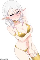 absurdres bikini black_nails breasts elf enis_(roswell_ss) golden_week highres medium_breasts medium_hair mole mole_under_eye piercing pointy_ears purple_eyes roswell_ss smile smug swimsuit thighhighs white_hair