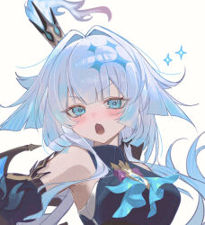 1girl blue_dress blue_eyes blue_hair blush breasts cerydra_(honkai:_star_rail) commentary_request crown detached_sleeves dress hair_intakes highres honkai:_star_rail honkai_(series) iga_(millmlml) long_hair looking_at_viewer medium_breasts mini_crown open_mouth simple_background solo upper_body white_background