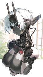 1girl black_eyes breasts cable colored_skin cropped_torso go-malniju grey_skin highres indoors joints lens_eye looking_at_viewer mechanical_ears medium_breasts multicolored_eyes original plant potted_plant ringed_eyes robot_girl robot_joints science_fiction short_hair solo very_short_hair white_hair