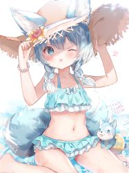 1girl ;o absurdres animal animal_ear_fluff animal_ears bare_arms bare_legs bare_shoulders barefoot bikini blue_bikini blue_eyes blue_hair blush bracelet braid brown_headwear collarbone commentary_request ears_through_headwear flower hair_between_eyes hair_over_shoulder hat hat_flower highres innertube jewelry koyomi_(shironeko_project) long_hair navel one_eye_closed parted_lips pearl_bracelet rucaco shironeko_project signature sitting straw_hat sunflower swim_ring swimsuit tail tarou_(shironeko_project) thick_eyebrows twin_braids wariza wolf wolf_ears wolf_girl wolf_tail yellow_flower