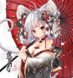 1girl 218 :o ahoge animal_ears bare_shoulders between_breasts black_kimono black_ribbon blunt_bangs blush breasts chinese_zodiac choker dated female_focus flower grey_hair hair_flower hair_ornament hair_ribbon hair_rings happy_new_year holding holding_umbrella japanese_clothes kanzashi kimono layered_clothes layered_kimono long_sleeves looking_at_viewer medium_breasts mouse_ears mouse_girl mouse_tail nengajou new_year obi off_shoulder oil-paper_umbrella original pinky_out red_eyes red_flower ribbon sash shide snowing solo tail umbrella upper_body white_background white_flower wide_sleeves year_of_the_rat