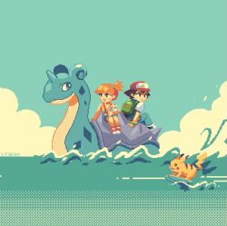 1boy 1girl animated animated_gif ash_ketchum asymmetrical_hair cowboy_shot denim denim_shorts game_freak gen_1_pokemon gen_2_pokemon gym_leader itzah lapras legs misty_(pokemon) nintendo orange_hair outdoors pikachu pixel_art pokemon pokemon_(anime) pokemon_(classic_anime) ponytail red_hair shiny_skin shirt shoes short_hair short_shorts shorts side_ponytail suspenders tagme video yellow_shirt