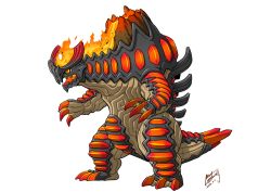 13am_games agnitor artist_name claws concept_art crown dawn_of_the_monsters earth_elemental elemental_(creature) fangs fire fire_elemental gem glowing glowing_eyes glowing_mouth kaiju lava_elemental lava monster nephilim_(dawn_of_the_monsters) nishikawa_shinji no_humans official_art open_mouth production_art red_eyes rock signature simple_background spikes tail teeth transparent_background wayforward yellow_eyes