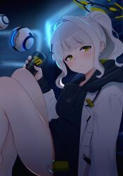 1girl black_hoodie blue_archive blush can closed_mouth commentary cross_hair_ornament drone energy_drink green_eyes green_halo grey_hair hair_ornament halo hare_(blue_archive) highres holding holding_can hood hood_down hoodie jacket long_sleeves looking_at_viewer millennium_science_school_logo nuiaki ponytail sidelocks solo thighs