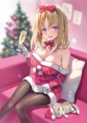 1girl absurdres animal bare_shoulders blurry blurry_background blush bow bowtie breasts brown_hair brown_pantyhose cat cherry_blossoms christmas_tree cleavage collar cup detached_collar detached_sleeves dress drinking_glass feet_out_of_frame fur-trimmed_dress fur-trimmed_sleeves fur_trim gloves hair_bow hat highres holding holding_cup knees_together_feet_apart kushida_kikyou large_breasts long_sleeves looking_at_viewer medium_hair non-web_source off-shoulder_dress off_shoulder open_mouth pantyhose pillow pink_eyes plaid_bow plaid_clothes plaid_dress plaid_sleeves red_bow red_bowtie red_dress red_hat santa_hat sidelocks sitting skirt solo sweatdrop tomose_shunsaku white_collar white_gloves wrist_cuffs youkoso_jitsuryoku_shijou_shugi_no_kyoushitsu_e