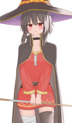 1girl 98raki :o bandaged_leg bandages black_cape black_choker black_hat black_thighhighs blush brown_hair cape choker dress hat highres holding holding_staff kono_subarashii_sekai_ni_shukufuku_wo! long_sleeves looking_at_viewer megumin open_mouth red_dress red_eyes single_thighhigh solo staff thighhighs white_background witch_hat