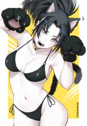 1girl :o angry animal_ears armpits bell bikini black_choker black_hair breasts cat cat_ears cat_tail choker fangs highres jingle_bell kuronami616 looking_at_viewer mole mole_on_breast mole_on_stomach mole_under_mouth open_mouth original simple_background solo swimsuit tail