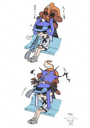 Rule 34 | 1boy, 1girl, :d, anger vein, annoyed, before and after, black gloves, black neckerchief, black sailor collar, black shirt, black shorts, black visor, blue hair, blue visor, blunt bangs, blunt ends, blunt sidelocks, commentary request, coula cat, dark-skinned male, dark skin, dolphin shorts, doodle inset, fingerless gloves, full body, ghost, gloves, grey eyes, gun, halo, hands on own thighs, hat, highres, hitting, holding, holding another&#039;s hair, holding gun, holding weapon, in the face, inkling, inkling girl, inkling player character, large ears, laughing, legs together, long hair, long sidelocks, long sleeves, mohawk, motion lines, narrowed eyes, neckerchief, nintendo, no nose, octoling, octoling (swim form), octoling boy, octoling player character, on bench, open mouth, orange hair, playing with another&#039;s hair, pointy ears, sailor collar, sandals, shirt, short sleeves, shorts, sidelocks, sitting, smile, splatoon (series), spoken anger vein, squiffer (splatoon), suction cups, teasing, tentacle hair, three quarter view, translation request, two-tone hat, visor cap, weapon, white sandals, white shirt