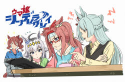 4girls agnes_digital_(umamusume) ahoge animal_ears appleq blue_eyes blue_hair commentary_request crying dial drawing_tablet ear_ornament forehead fujimasa_march highres horse_ears horse_girl horse_tail long_hair long_sleeves multiple_girls norn_ace oguri_cap_(umamusume) open_mouth pink_hair pointing red-framed_eyewear semi-rimless_eyewear sidelocks simple_background squiggle table tail translation_request umamusume umamusume:_cinderella_gray under-rim_eyewear white_background
