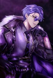 1boy belt chain coat earrings eyeshadow fur-trimmed_coat fur_trim glasses gloves gold gold_chain jewelry kuya_(nu_carnival) looking_at_viewer makeup male_focus neck_tattoo nu_carnival parted_lips purple_hair short_hair smile smug tattoo teeth tie yadome810 yellow_eyes