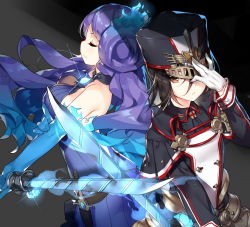 2girls adjusting_clothes adjusting_headwear backless_dress backless_outfit bare_shoulders black_capelet black_hair black_hat black_jacket blue_fire blue_hair breasts brighid_(xenoblade) brown_eyes capelet closed_eyes closed_mouth collarbone dress fire gloves glowing glowing_sword glowing_weapon gradient_hair hair_between_eyes hat holding holding_sword holding_weapon jacket large_breasts long_hair long_sleeves looking_at_viewer medium_breasts military military_hat military_uniform morag_ladair_(xenoblade) multicolored_hair multiple_girls nintendo profile purple_dress purple_hair saru simple_background smile sword very_long_hair weapon white_gloves xenoblade_chronicles_(series) xenoblade_chronicles_2