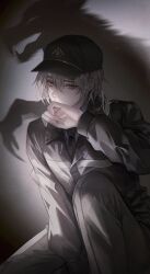 Rule 34 | 1boy, absurdres, baseball cap, black hat, black necktie, blue shirt, collared shirt, covering own mouth, grey background, grey jacket, grey pants, gwechul, hair between eyes, hand over own mouth, hand up, hat, highres, j3, jacket, knee up, korean commentary, long hair, long sleeves, looking at viewer, low ponytail, male focus, medium hair, necktie, on one knee, orange eyes, pants, ponytail, shade, shadow, shirt, solo, young57440489