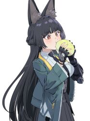 1girl :t a.k.a.zkin animal_ear_fluff animal_ears asymmetrical_gloves belt black_belt black_gloves black_hair black_necktie blush braid bread breasts bright_pupils buckle collared_shirt cowboy_shot eating fingerless_gloves food fox_ears fox_girl gauntlets gloves green_jacket grey_skirt half_up_braid hands_up hashtag-only_commentary high-waist_skirt highres holding holding_food hoshimi_miyabi jacket long_hair long_sleeves looking_at_food medium_breasts melon_bread mismatched_gloves necktie open_clothes open_jacket pleated_skirt red_eyes shirt simple_background single_fingerless_glove single_gauntlet skirt snap-fit_buckle solo standing very_long_hair white_background white_pupils white_shirt wide_sleeves zenless_zone_zero