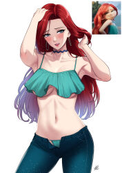 1girl armpits bikini blush breasts chelsea_van_der_zee choker cowboy_shot earrings green_eyes hand_in_own_hair hand_on_own_head hand_on_own_hip highres hoop_earrings jewelry large_breasts lipstick long_hair makeup navel pants red_hair reference_inset ruby_gillman:_teenage_kraken signature simple_background smile solo swimsuit underboob white_background xter
