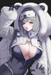 1girl animal_costume animal_hood bear_costume black_bodysuit bodysuit breasts gloves goddess_of_victory:_nikke grey_hair headphones headphones_around_neck hood hood_up large_breasts long_sleeves looking_at_viewer mask mask_on_head mole mole_on_breast neve_(nikke) open_mouth sleep_mask solo user_vcxf5283