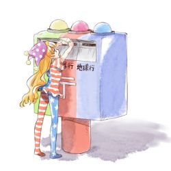 1girl akizuki_haruhi american_flag_dress american_flag_legwear blonde_hair blush clownpiece commentary_request female_focus hat japanese_postal_mark jester_cap long_hair mail mailbox neck_ruff open_mouth pantyhose polka_dot postbox shirt simple_background smile solo standing star_(symbol) striped_clothes striped_pantyhose touhou very_long_hair white_background