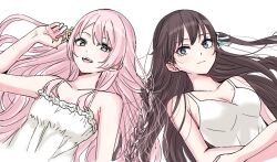 Rule 34 | 2girls, bang dream!, bang dream! it&#039;s mygo!!!!!, breasts, brown hair, camisole, chihaya anon, cleavage, closed mouth, commentary, fang, grey eyes, hand up, intertwined hair, long hair, looking at viewer, lying, mole, mole under eye, multiple girls, on back, open mouth, pink hair, purple eyes, shiina taki, sierit, simple background, small breasts, smile, white background, white camisole