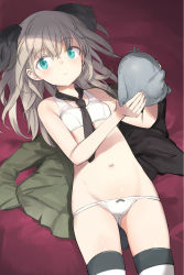 1girl animal animal_ears bird black_swan_(bird) blonde_hair bow bra breasts green_eyes holding holding_animal jacket luminous_witches lying military military_uniform navel necktie official_art panties shimada_fumikane small_breasts smile striped_clothes striped_thighhighs swan tail thighhighs underwear undressing unworn_jacket virginia_robertson white_bra white_panties world_witches_series