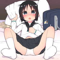 1girl bag banknote bed black_eyes black_hair black_sailor_collar black_skirt blue_bag blush blush_stickers chito_(shoujo_shuumatsu_ryokou) commentary_request female_focus full_body hair_tie highres indoors loli long_hair long_sleeves looking_at_viewer lying m_legs midriff_peek miriota money navel on_back on_bed open_mouth panties pillow pillow_grab pleated_skirt prostitution sailor_collar school_bag school_uniform serafuku shoujo_shuumatsu_ryokou skirt socks solo spread_legs underwear white_panties white_socks yen